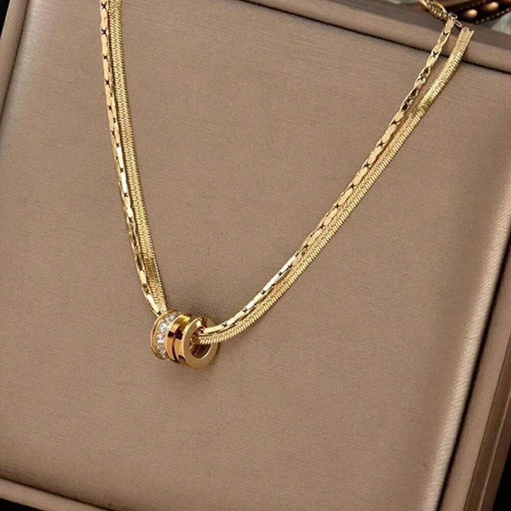 Silver Casual Women's Stainless Steel Round Cz Inlaid Double Layer Necklace